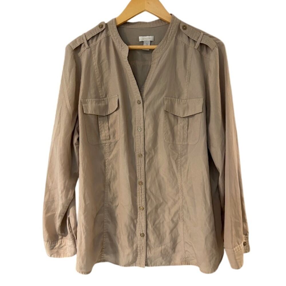 CHICO'S Women's Blouse Size 3 LARGE Tan V Neck Lightweight Long Sleeve Travel